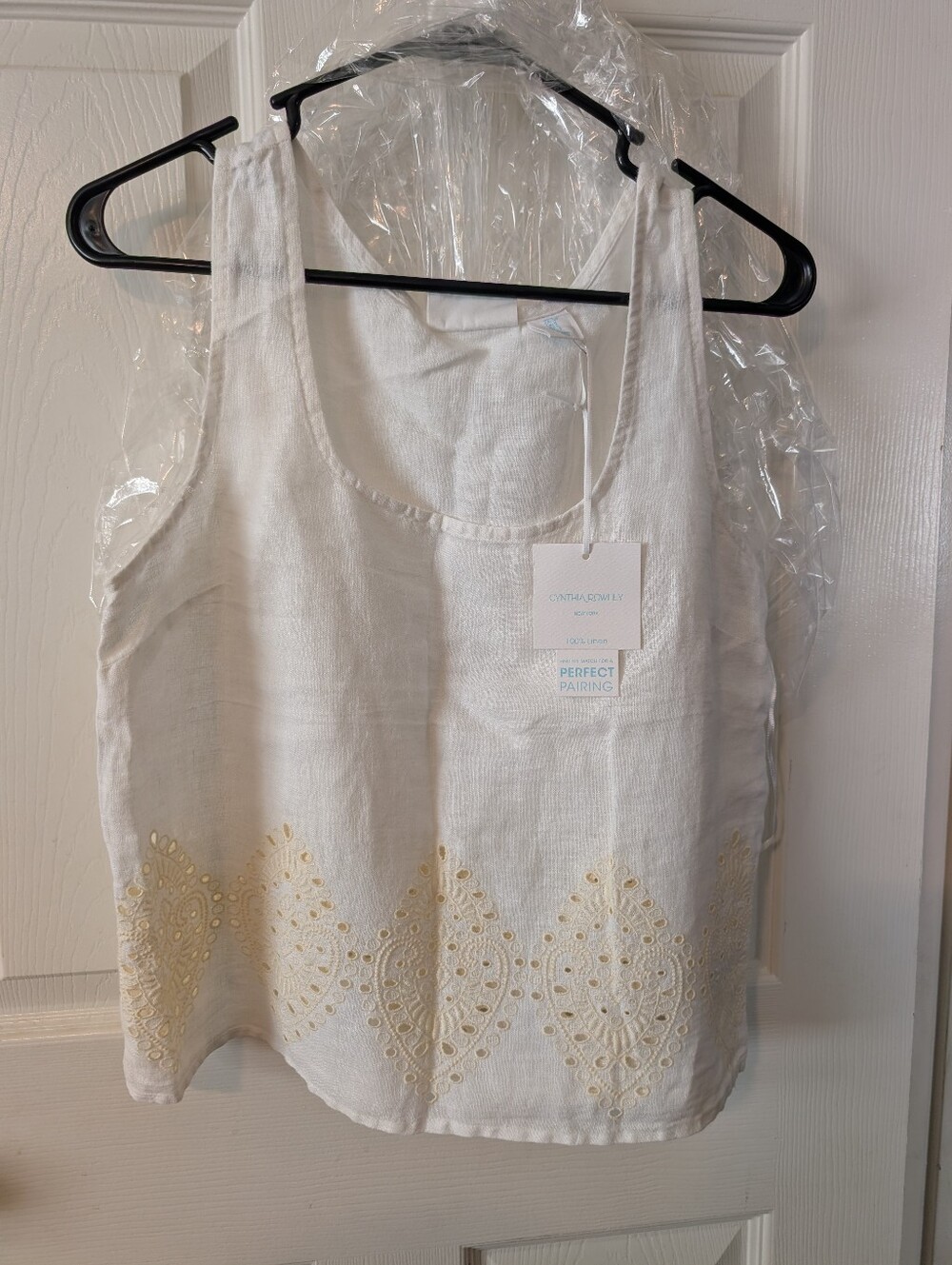 NWT S Cynthia Rowley White 100% Linen Tank with Cream Eyelet Embroidery